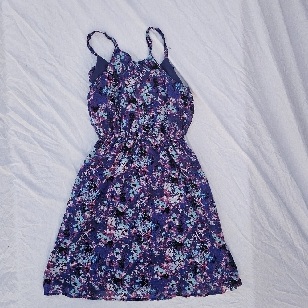 Summer sundress abstract floral print purple, blue, black, and pink size small